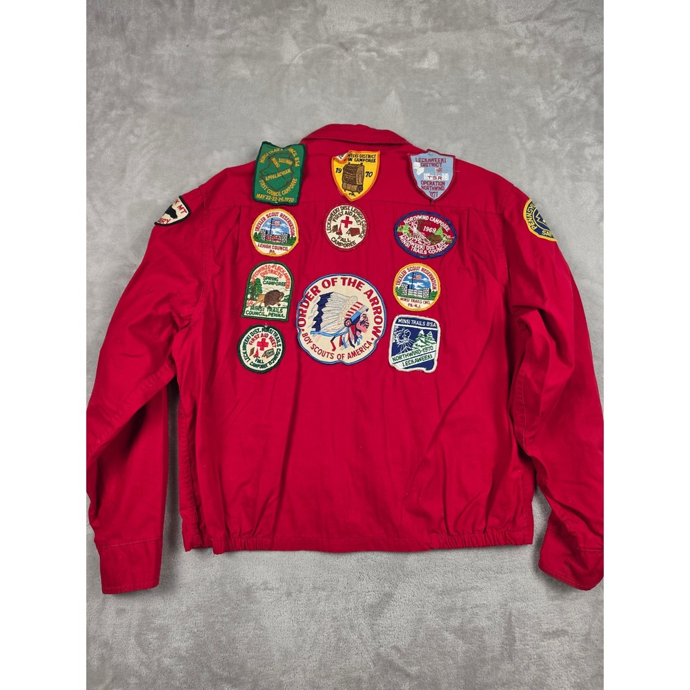 Vintage Boy Scouts of America Jacket Mens L Red 60s 70s Bomber Back Patches Zip